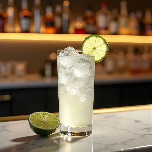 Refreshing non-alcoholic Tonic Rickey mocktail in a glass, garnished with a lime wheel.